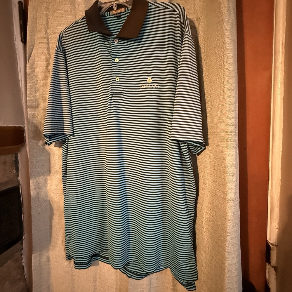 Peter Millar Summer Comfort Polo Shirt Mens Large Blue/Blk Striped Primland Logo